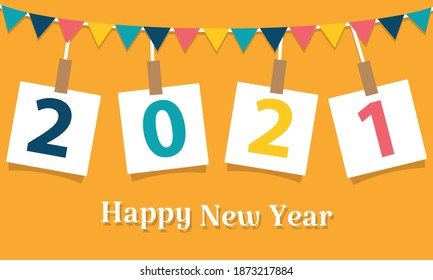 Happy New Year 2021 Vektorgrafik einzeln auf Farbhintergrund. gut für Grußkarten, Banner, Web, Partys und andere.