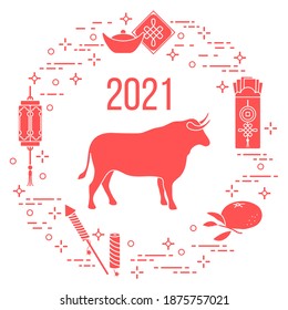 Happy New Year 2021 Vector illustration bull, chinese lantern, tangerine, envelope, fireworks, ingot. Ox zodiac sign, symbol of 2021 on Chinese calendar. Year of the bull. Chinese horoscope. Holiday