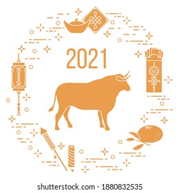 Happy New Year 2021 Vector illustration bull, chinese lantern, tangerine, envelope, fireworks, ingot. Ox zodiac sign, symbol of 2021 on Chinese calendar. Year of the bull. Chinese horoscope. Holiday