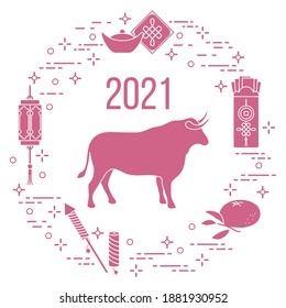 Frohes Neujahr 2021 Vektorgrafik Bull, chinesische Laterne, Tangengerine, Umschlag, Feuerwerk, Ingots. Ox zodiac Zeichen, Symbol von 2021 auf dem chinesischen Kalender. Jahr des Stiers. Chinesisches Horoskop. Feiertag