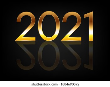 Feliz Año Nuevo 2021. Banner vectorial con números dorados y reflexión sobre un fondo oscuro.