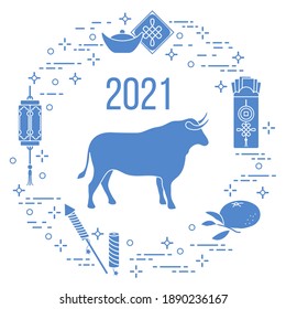Happy New Year 2021 Vector illustration bull, chinese lantern, tangerine, envelope, fireworks, ingot. Ox zodiac sign, symbol of 2021 on Chinese calendar. Year of the bull. Chinese horoscope. Holiday