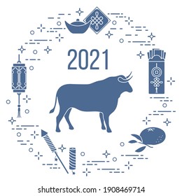 Happy New Year 2021 Vector illustration bull, chinese lantern, tangerine, envelope, fireworks, ingot. Ox zodiac sign, symbol of 2021 on Chinese calendar. Year of the bull. Chinese horoscope. Holiday