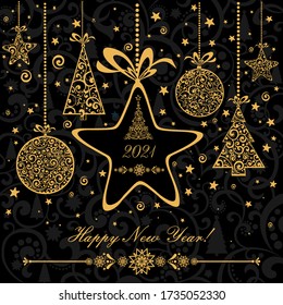 Happy new year 2021! Vintage card. Celebration dark background with gold Christmas tree, stars, ball and place for your text. Element for  New Year's design. Tag Label. Vector Illustration