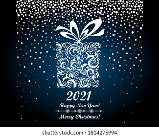 Happy new year 2021! Vintage card. Celebration dark blue background with Christmas gift box, deer, snowflakes, stars and place for your text. Gift box with ribbon. Vector Illustration