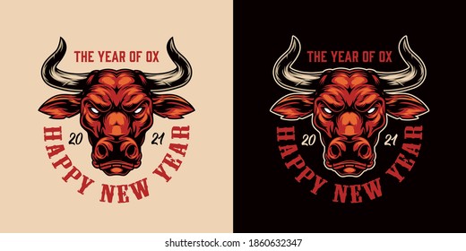 Happy New Year 2021 vintage label with greeting inscription and angry red ox head isolated vector illustration