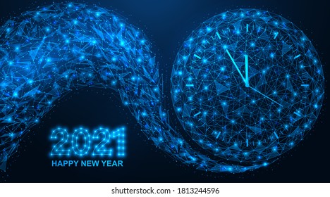 Happy New year 2021. A wave of particles and fragments forms a clock. Low-poly design of lines and dots. Bright blue background.