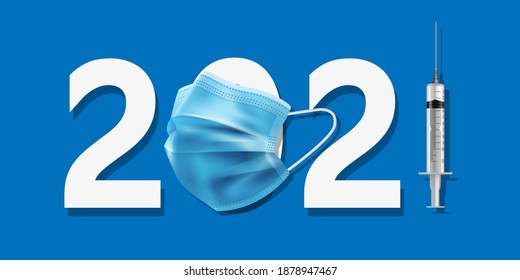 Happy new year 2021 white paper letter with medicine mask and syringe . Covid-19, corona virus concept, Vector illustration