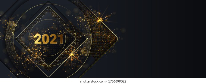 Happy New Year 2021 winter holiday greeting card design template. Party poster, banner or invitation gold glittering stars confetti glitter decoration. Vector background with golden gift bow