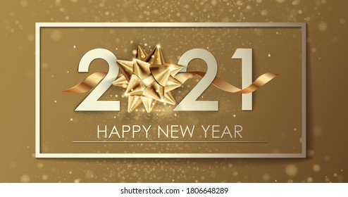 Happy New Year 2021 winter holiday greeting card design template. Party poster, banner or invitation gold glittering stars confetti glitter decoration. Vector background with golden gift bow