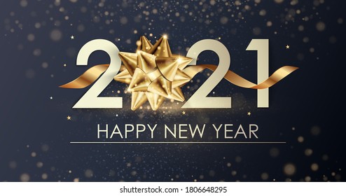 Happy New Year 2021 winter holiday greeting card design template. Party poster, banner or invitation gold glittering stars confetti glitter decoration. Vector background with golden gift bow