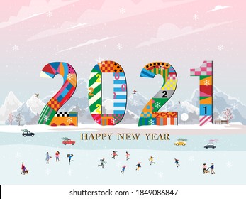 Happy New Year 2021, winter landscape with people celebrating on Chritsmas eve.Winter wonderland in village with happy peaople playing ice skates in the city park 