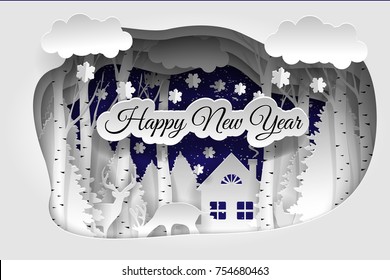 
Happy new year 2021. winter forest. Paper art and craft style.