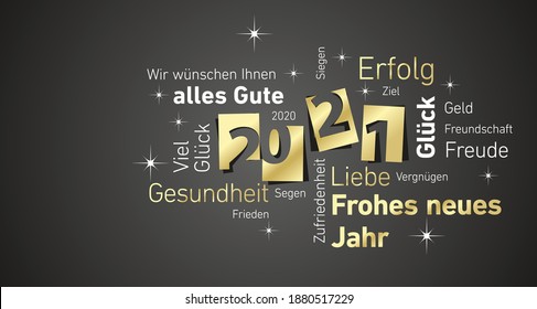 Happy New Year 2021 word cloud golden white black background German language, wish, success, health, love, good luck, peace, blessing, satisfaction, goal, win, fun, happiness, money, friendship, joy