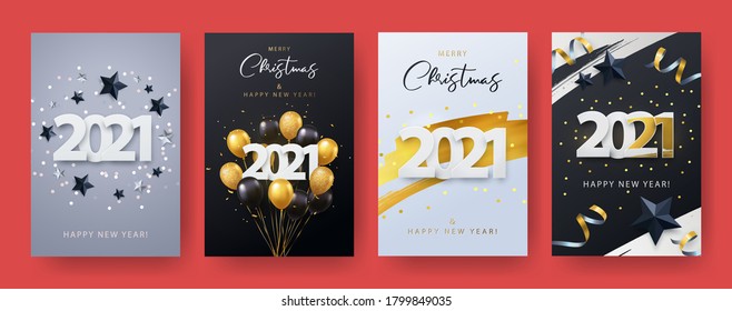 Happy New Year 2021. Xmas vector illustration of paper cut 2021 with sparkling confetti, silver and black stars, gold and black realistic 3d flying balloons, golden brush stroke. Template Set