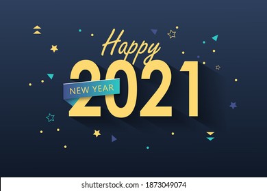 Happy New Year 2021 Yellow with simple decoration on gradient blue background. Design template Celebration typography poster, banner or greeting card and happy new year. Vector Illustration