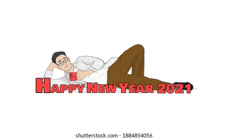Happy new year 2021 with young asian scientist lay on the floor and hold red glass with words number one scientist.
