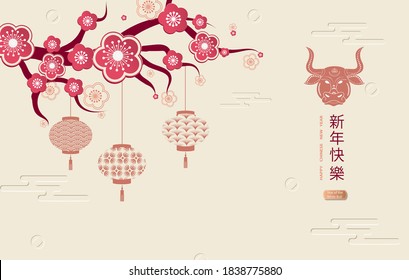 Happy new year 2021.A horizontal banner with Chinese elements of the new year.Chinese lanterns with patterns in modern style, geometric decorative ornaments.Translation from Chinese - Happy New Yea