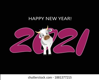 Happy new year 2021banner with white bull on black background. Festive vector illustration.