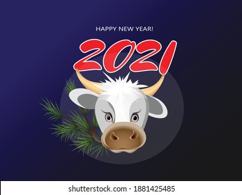 Happy new year 2021banner with white bull on blue background. Festive vector illustration.