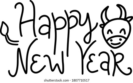 Happy New Year 2021lettering hand. Black written letters isolated on a white background with a cute ladybug / bull doodle head, for postcards, posters, greetings. Vector