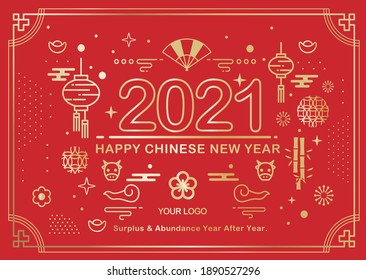 Feliz año nuevo 2021, año del buey. Diseño chino de año nuevo para tarjetas de felicitación, invitación, afiches, folleto, calendario, volantes, pancartas.