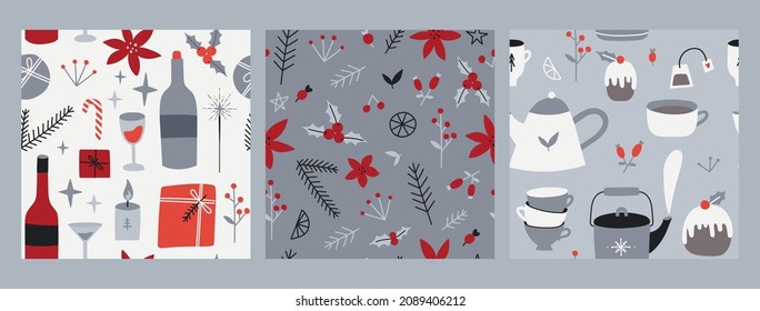 Happy New year 2022, 2023 and Merry Christmas celebration seamless pattern. Party invitation concept design. Cozy, festive and merry wrapping paper. Vector eps 10
