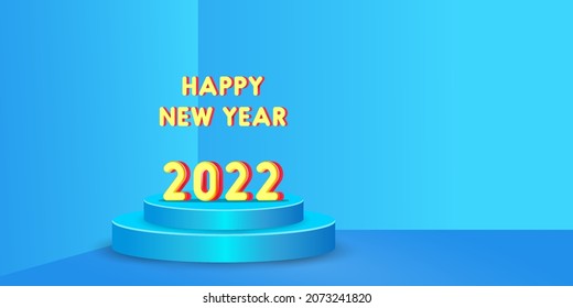 happy new year with 2022 3d object with 3d podium. 3d happy new year background with copy space area. scene of new year for advertisement