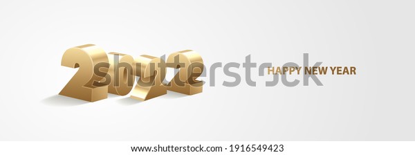 Happy new year
2022. 3D golden shiny numbers on a white horizontal background.
Holiday greeting card
design.
