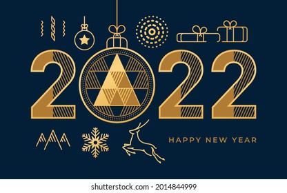 Happy New Year 2022 abstract geometry with golden calligraphy and flat line icons. Vector Christmas garland ribbon and holiday gift, present box surprise. Ice peak mountains and snowflake, reindeer