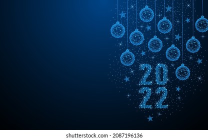 Happy New Year 2022 with abstract balls and stars hanging down. Design ideas about Christmas or New Year's Day. Digital low poly wireframe style design with connection points. vector illustration
