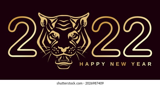 Happy New Year 2022. According to the Chinese calendar, the year of the Tiger. Muzzle predator of gold color with the text congratulation. Vector illustration.