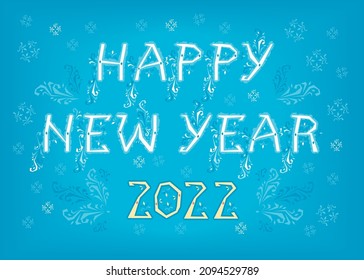 Happy New Year 2022. Artistic font with folk botanical decor. Folk Greeting Card. Vector Illustration