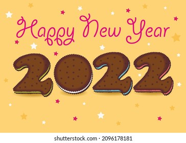 Feliz Año Nuevo 2022. Número marrón artístico como galletas de chocolate con crema colorida. Fondo amarillo con confeti. Texto en crema rosa. Ilustración vectorial