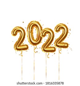 Happy New Year 2022. Background realistic golden balloons. Decorative design elements. Object render 3d ballon with ribbon. Celebrate party Poster, banner, greeting card. Festive Vector illustration.