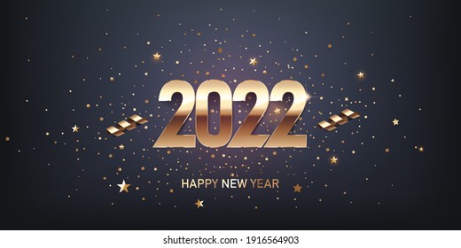 Happy new year 2022 background. Golden shiny numbers with confetti and ribbons on black background. Holiday greeting card design.
