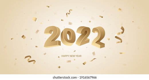 Happy New Year 2022 background. Golden 3D numbers and confetti on a bright background.