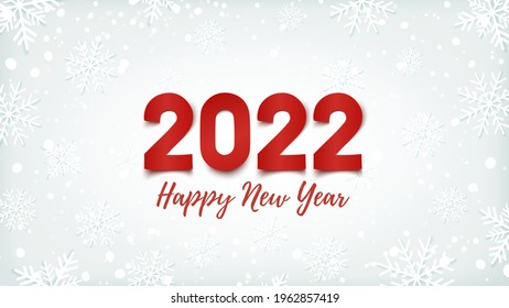 Happy New Year 2022 background, banner with falling snow and snowflakes on wide background. Greeting card, brochure or banner template. Vector illustration.