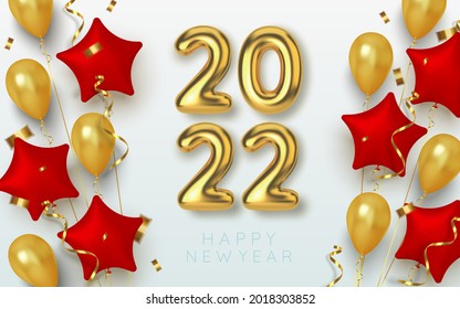Feliz Año Nuevo 2022. Antecedentes texto dorado realista y estrellas de globos dorados y rojos.Ilustración vectorial.