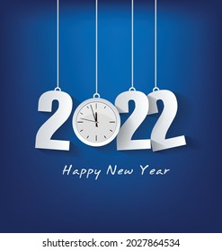 Happy new year 2022 background. Golden shiny numbers with confetti and ribbons on black background. Holiday greeting card design.