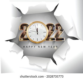 Happy new year 2022 background. Golden shiny numbers with confetti and ribbons on black background. Holiday greeting card design.