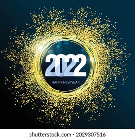 Happy new year 2022 background. Golden shiny numbers with confetti and ribbons on black background. Holiday greeting card design.