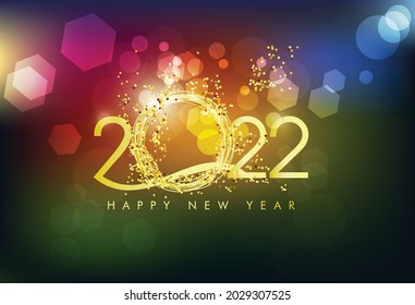 Happy new year 2022 background. Golden shiny numbers with confetti and ribbons on black background. Holiday greeting card design.