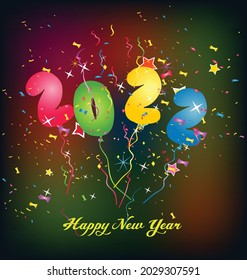Feliz año nuevo 2022. Números brillantes dorados con confeti y cintas sobre fondo negro. Diseño de tarjetas de felicitación de vacaciones.