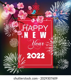 Happy new year 2022 background. Golden shiny numbers with confetti and ribbons on black background. Holiday greeting card design.