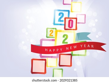 Happy new year 2022 background. Golden shiny numbers with confetti and ribbons on black background. Holiday greeting card design.