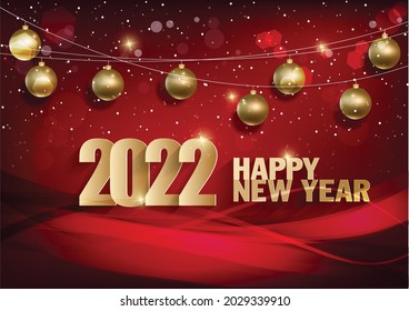 Happy new year 2022 background. Golden shiny numbers with confetti and ribbons on black background. Holiday greeting card design.
