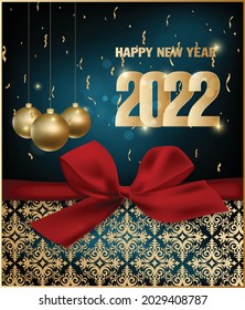 Happy new year 2022 background. Golden shiny numbers with confetti and ribbons on black background. Holiday greeting card design.