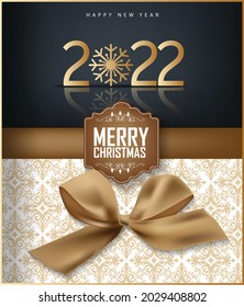 Happy new year 2022 background. Golden shiny numbers with confetti and ribbons on black background. Holiday greeting card design.