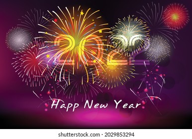 Feliz año nuevo 2022. Números brillantes dorados con confeti y cintas sobre fondo negro. Diseño de tarjetas de felicitación de vacaciones.